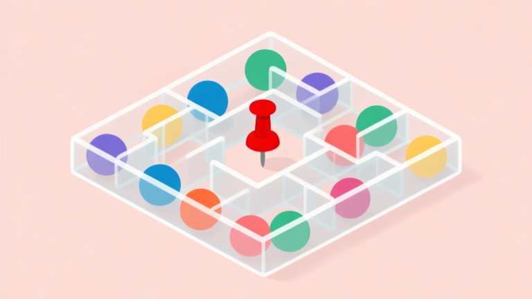 自动生成图片: A minimalist, top-down view of a 'pull the pin' puzzle in progress, with colorful balls trapped in a clear maze, one pin highlighted in red, soft pastel background, clean lines, flat design style high quality illustration, detailed, 16:9