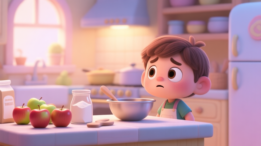 A cozy, softly lit kitchen scene in a children's game art style, with a cute character looking puzzled at a cooking counter filled with apples, flour, and a mixing bowl, pastel color palette high quality illustration, detailed, 16:9