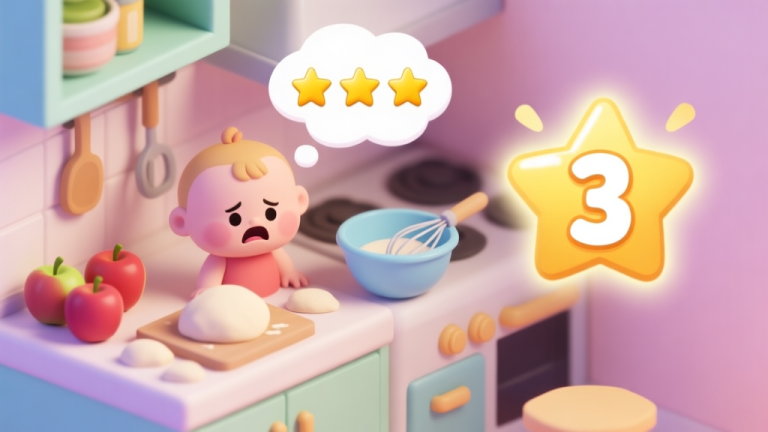 自动生成图片: A cute, isometric view of a Baby Hazel game kitchen scene, with apples, dough, and a mixing bowl on a counter. A frustrated thought bubble with a 2-star rating is above the scene, contrasted with a shining 3-star rating to the side. Soft pastel colors, cartoon style. high quality illustration, detailed, 16:9