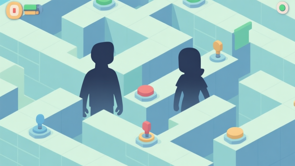 A minimalist isometric view of a complex puzzle level from a mobile game, with two stylized character silhouettes stuck in a maze of blocks and switches, soft pastel color palette with muted blues and greens, clean lines high quality illustration, detailed, 16:9