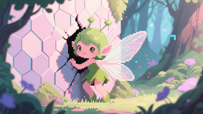 自动生成图片: A cute, glitched fairy character (Pixie) partially stuck inside a polygonal wall in a fantasy forest, visual corruption effects around it, soft pastel color palette with digital artifact overlays high quality illustration, detailed, 16:9