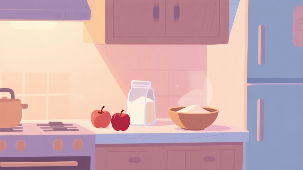 A cozy, inviting kitchen scene in a 2D cartoon style, with simple baking ingredients like apples, flour, and a bowl on a counter, soft pastel colors, warm lighting, creating a sense of calm and anticipation high quality illustration, detailed, 16:9