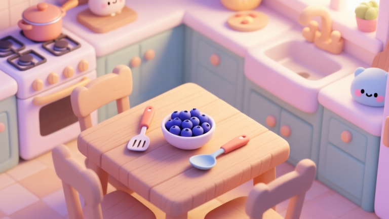 自动生成图片: A cozy, softly lit kitchen scene from a top-down perspective, with cute cartoon cooking utensils and a bowl of blueberries on a wooden table, pastel color scheme, warm and inviting atmosphere high quality illustration, detailed, 16:9