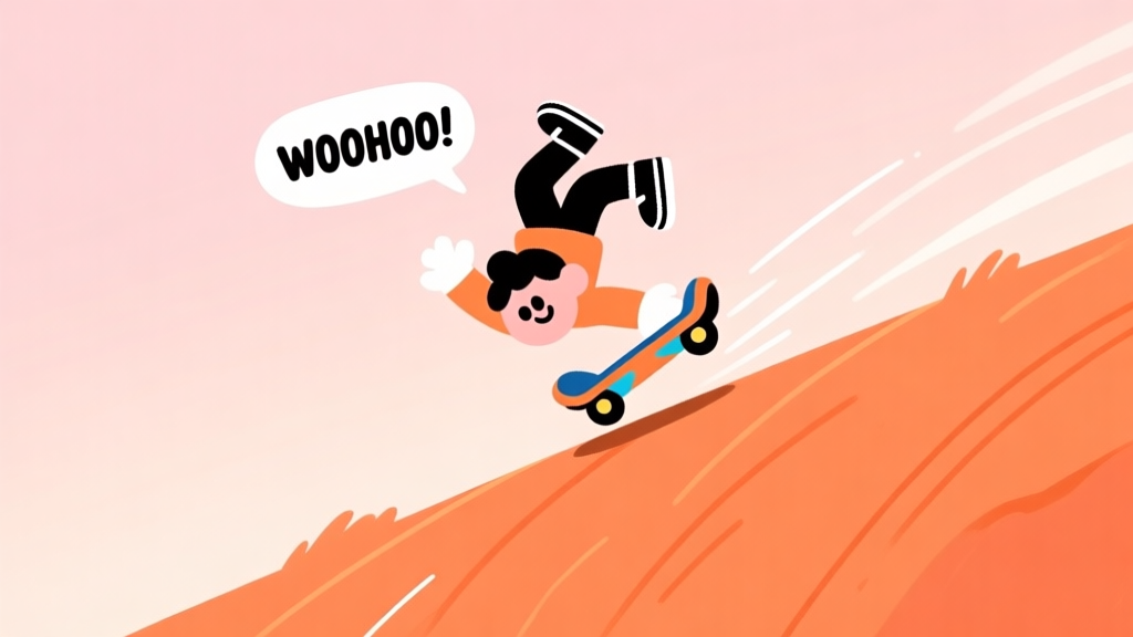 A stylized, playful illustration of a cartoon character on a hoverboard mid-backflip on a steep orange hill, with motion lines and a "WOOHOO!" speech bubble, soft pastel background high quality illustration, detailed, 16:9