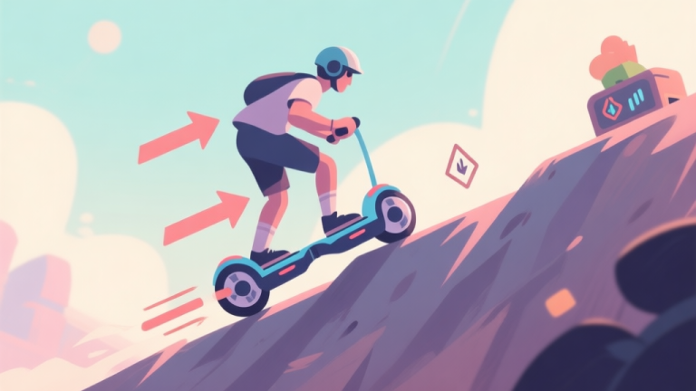 自动生成图片: A stylized side-view illustration of a hoverboard rider attempting a hill climb, with visual arrows showing force vectors for thrust, gravity, and balance, in a soft pastel color palette with game-like elements high quality illustration, detailed, 16:9