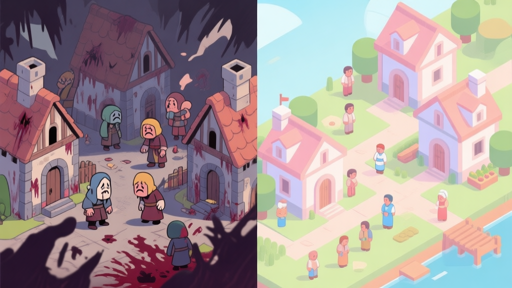 A split-screen illustration showing a chaotic, diseased medieval village on the left with sad characters, and a calm, organized village on the right with clean buildings and healthy citizens, soft pastel color palette, isometric game view high quality illustration, detailed, 16:9