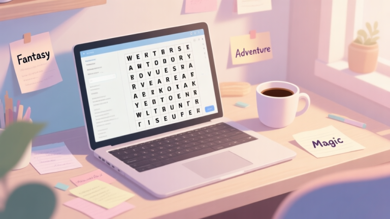 自动生成图片: A cozy workspace with a laptop showing a word search grid in progress, a cup of coffee, and scattered notes with thematic words like "Fantasy", "Adventure", "Magic", soft natural lighting, pastel color palette high quality illustration, detailed, 16:9