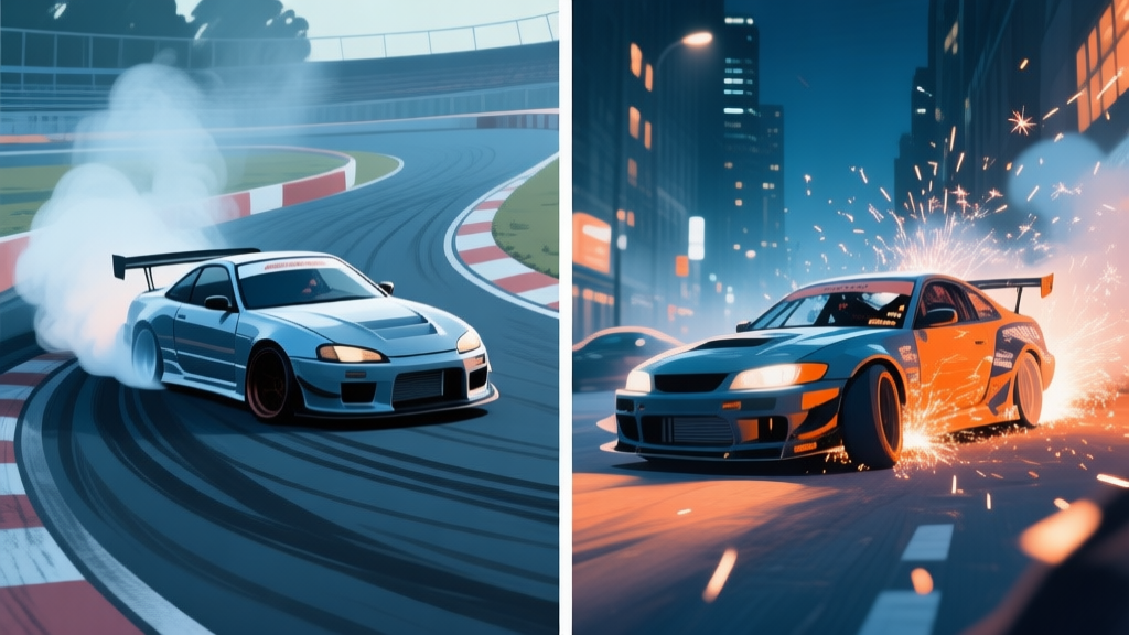Split-screen illustration comparing two drifting styles. Left side: a sleek, controlled drift on a circuit track, with smooth tire smoke lines. Right side: an aggressive, chaotic drift on a city street at night, with sparks flying from the car's body. Soft color palette with blues and oranges. high quality illustration, detailed, 16:9