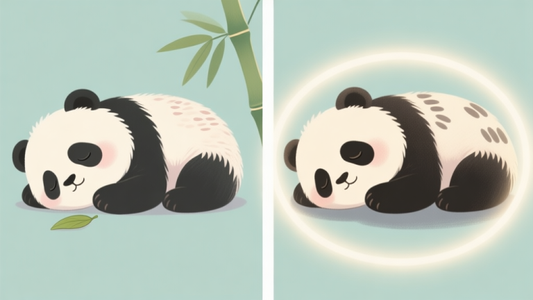 自动生成图片: A split-screen comparison of two nearly identical illustrations of a cute sleeping panda. One side has subtle, hard-to-find differences like a missing bamboo leaf, a slightly different pattern on the fur, and a changed shadow, highlighted with soft glowing circles. The art style is soft, pastel-colored, and inviting. high quality illustration, detailed, 16:9