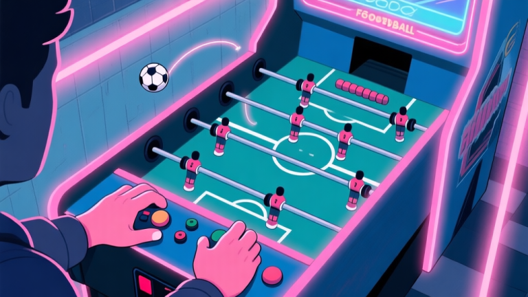 自动生成图片: A stylized, top-down view of a neon-lit arcade football game cabinet, showing a player's hands on the controls and a ball trajectory curving impossibly around a wall of defenders, soft glow effects, muted blues and pinks high quality illustration, detailed, 16:9