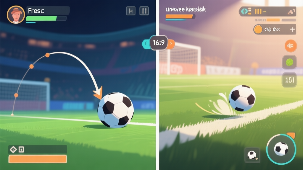Split-screen comparison of two soccer free kick styles in a video game, left side shows a classic curved shot trajectory, right side shows an unexpected knuckleball or chip shot, soft lighting, illustrated game UI elements high quality illustration, detailed, 16:9