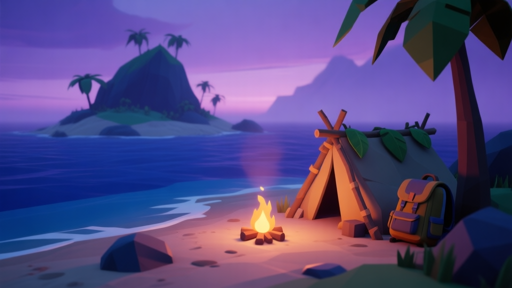A serene yet slightly ominous 3D island landscape at dusk, with a small campfire on a beach, a basic shelter made of sticks and leaves, and a backpack nearby. Soft, warm colors with deep blue ocean and purple sky, low-poly art style. high quality illustration, detailed, 16:9