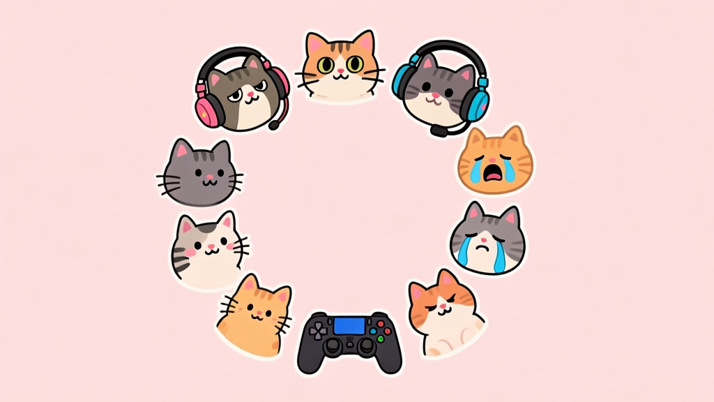 A playful collage of various popular cat meme faces (like Smudge Cat, Grumpy Cat, Crying Cat) arranged in a circle, each with a subtle gaming accessory like a headset or a controller, soft pastel background high quality illustration, detailed, 16:9