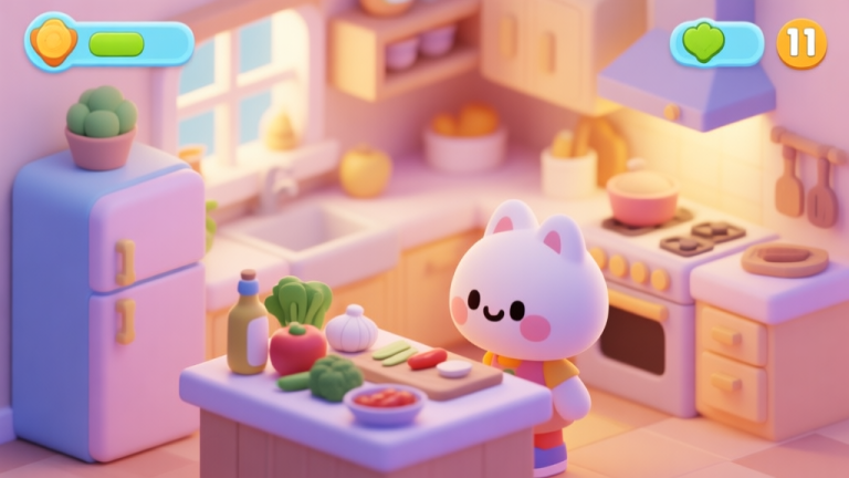 自动生成图片: A cheerful isometric kitchen scene from a children's game, with a cute character looking at ingredients on a counter, soft pastel colors, warm lighting, cartoon style high quality illustration, detailed, 16:9