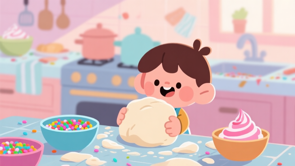 A cheerful, messy kitchen scene in a 2D cartoon style, a small character holding a lump of dough, with bowls of colorful sprinkles and icing in the background, soft pastel colors high quality illustration, detailed, 16:9