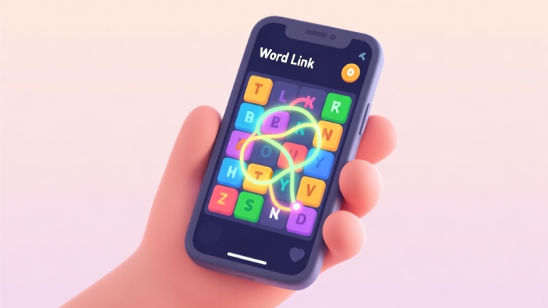 自动生成图片: A hand holding a smartphone showing a colorful Word Link puzzle grid, with tangled letters and glowing connection lines, soft pastel background, minimalist game interface style high quality illustration, detailed, 16:9