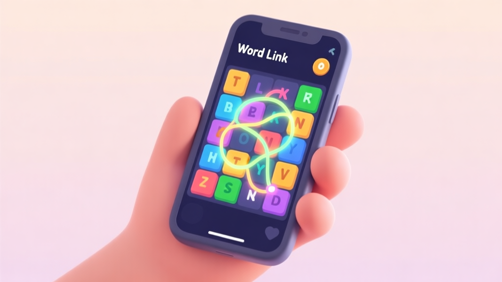 A hand holding a smartphone showing a colorful Word Link puzzle grid, with tangled letters and glowing connection lines, soft pastel background, minimalist game interface style high quality illustration, detailed, 16:9
