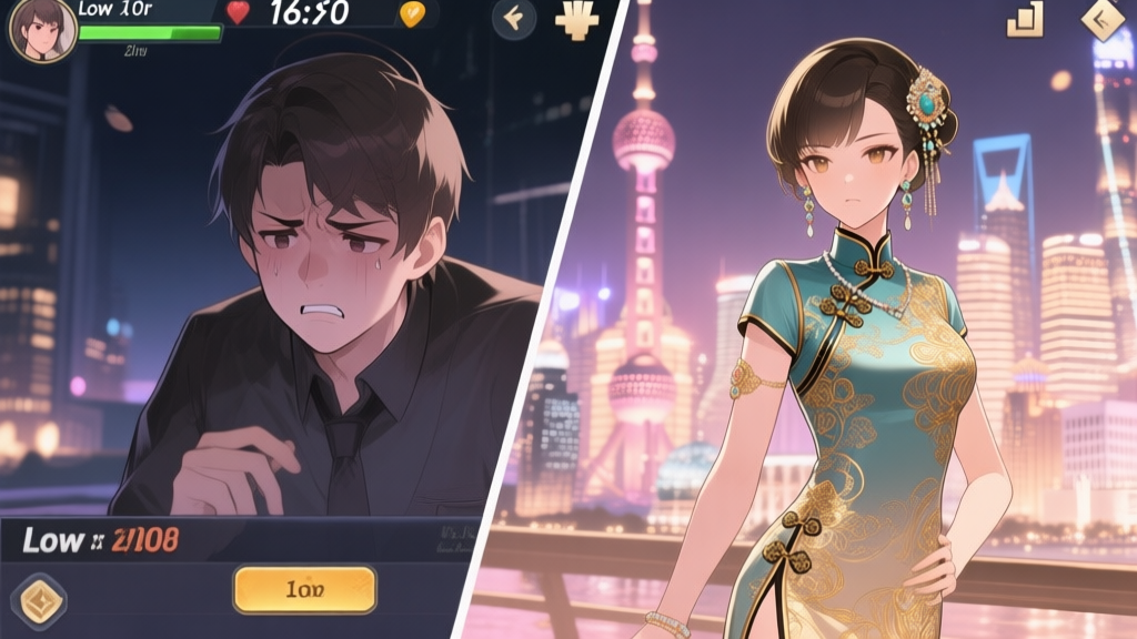A split-screen image showing a frustrated player looking at a low game score on the left, and a confident avatar wearing a stunning, intricate cheongsam with perfect accessories on the right, set against a glamorous Shanghai night backdrop. Soft pastel and gold color scheme, anime-inspired game art style. high quality illustration, detailed, 16:9
