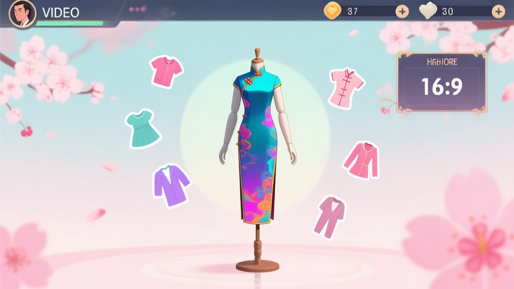A stylized, elegant video game interface showing a mannequin wearing a vibrant digital cheongsam, surrounded by floating clothing icons and a high score display, soft pastel background with cherry blossom motifs high quality illustration, detailed, 16:9