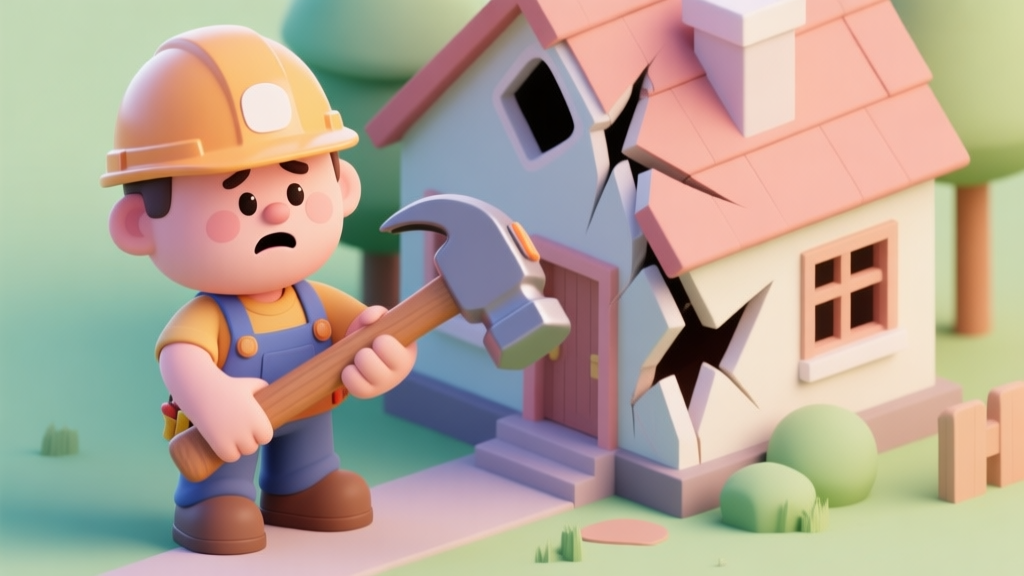 A cheerful, cartoonish carpenter character in a hard hat, looking confused while holding a giant hammer in front of a comically crooked house, soft pastel colors, isometric view high quality illustration, detailed, 16:9