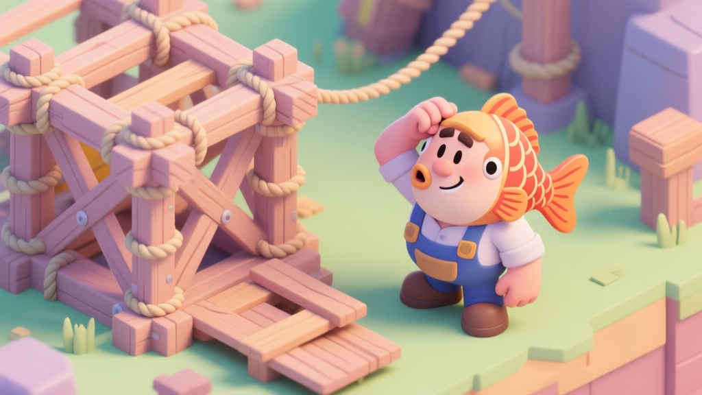 A funny, cartoonish carpenter character in a game scene, scratching his head while looking at a complex structure of wooden planks and ropes, soft pastel color palette, isometric view high quality illustration, detailed, 16:9