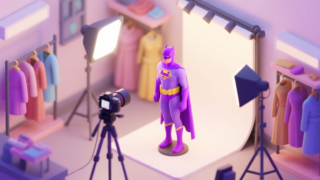 A stylized, isometric view of a digital photo studio setup for a superhero game character, featuring a mannequin with a vibrant violet costume, soft studio lighting, a camera on a tripod, and various costume racks in the background, rendered in a soft pastel color palette high quality illustration, detailed, 16:9