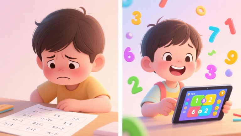 自动生成图片: A split-screen image showing a child looking frustrated at a math worksheet on the left, and the same child smiling while interacting with a colorful, game-like multiplication app on a tablet on the right, with numbers floating around playfully. Soft pastel background. high quality illustration, detailed, 16:9