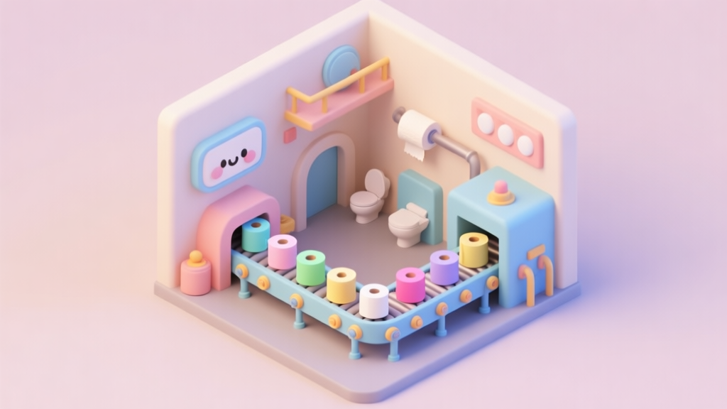 A playful, isometric 3D render of a cute factory interior with conveyor belts carrying colorful toilet paper rolls, soft pastel color palette, cartoonish style, clean and inviting high quality illustration, detailed, 16:9