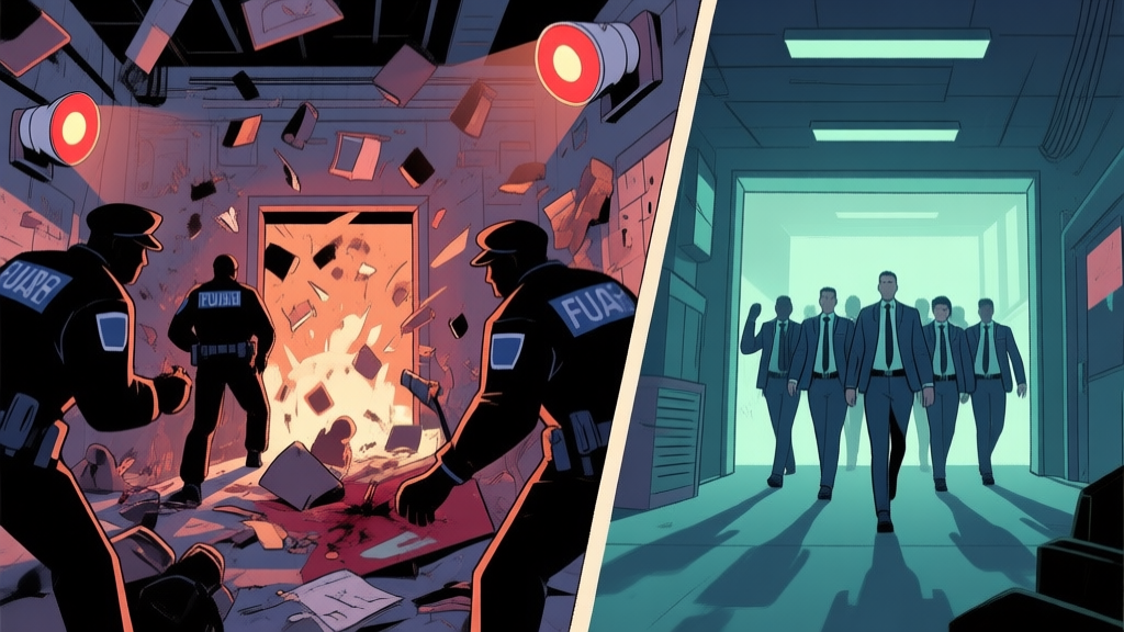 A split-screen image contrasting a chaotic heist failure with guards and alarms on one side, and a smooth, successful escape with a team moving in sync on the other, in a stylized game art style high quality illustration, detailed, 16:9