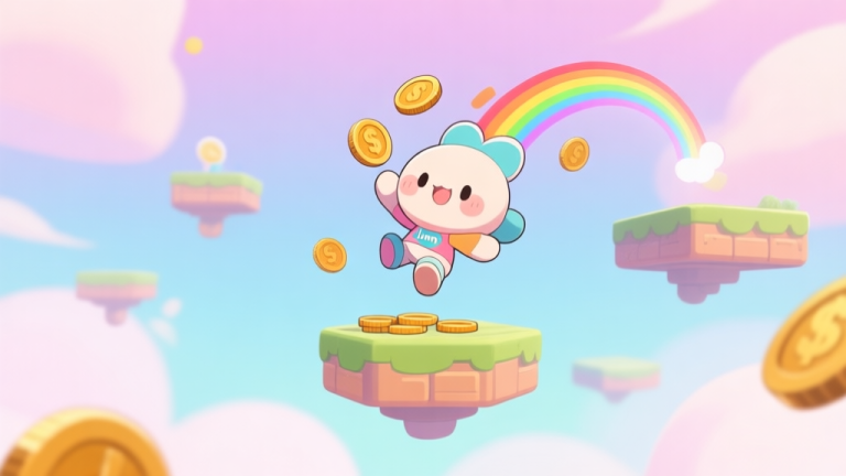 自动生成图片: Cute anime-style game screenshot of Kawaii Jump character mid-air, collecting coins with a rainbow trail, soft pastel background with floating platforms, cheerful and bright color palette high quality illustration, detailed, 16:9