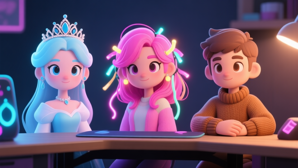 Three distinct stylized avatars side by side on a gaming desk: one elegant with a tiara and pastel blue theme, one vibrant with pink hair and neon streamer lights, one cozy with a sweater and warm brown palette, soft lighting, digital art style high quality illustration, detailed, 16:9