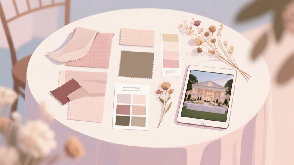 A beautiful, soft-focus collage of a wedding moodboard on a table, featuring fabric swatches, dried flowers, a color palette card, and a tablet showing a venue image, all in a cohesive pastel color scheme, flat lay style high quality illustration, detailed, 16:9
