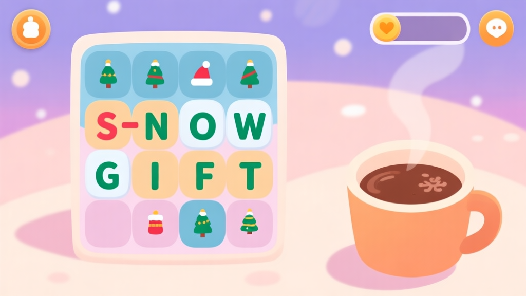 A cozy, inviting mobile game interface showing a word puzzle with holiday-themed letters like "S-N-O-W" and "G-I-F-T" on a soft pastel background, with a warm cup of cocoa in the corner, flat design style high quality illustration, detailed, 16:9