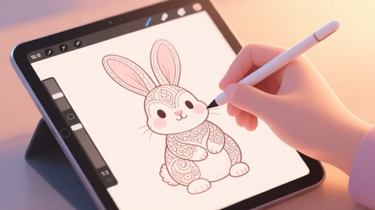 自动生成图片: A cozy digital illustration of a hand holding a stylus, coloring a cute, intricate bunny illustration on a tablet screen. Soft pastel color palette, warm ambient lighting, conveying a sense of calm and focus. high quality illustration, detailed, 16:9