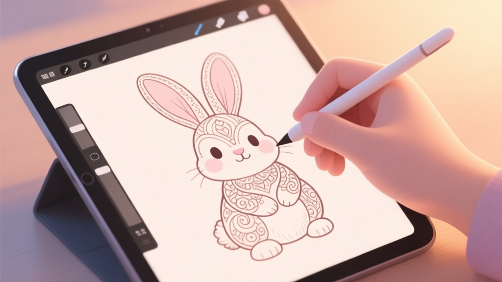 A cozy digital illustration of a hand holding a stylus, coloring a cute, intricate bunny illustration on a tablet screen. Soft pastel color palette, warm ambient lighting, conveying a sense of calm and focus. high quality illustration, detailed, 16:9