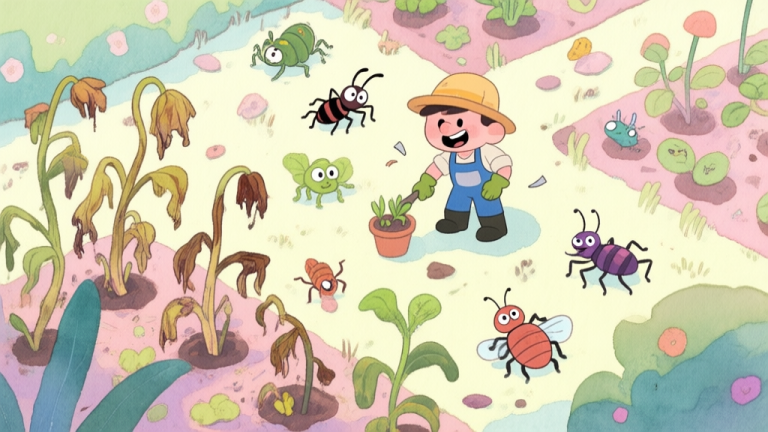 自动生成图片: A chaotic and charming garden scene from a top-down perspective, with wilting cartoon plants, a flustered gardener character, and silly-looking garden pests, all in a soft pastel color palette with watercolor texture high quality illustration, detailed, 16:9