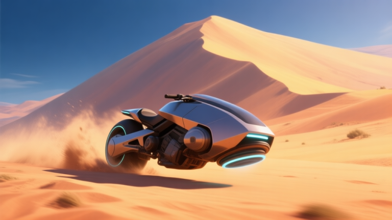 自动生成图片: A dynamic, low-angle shot of a sleek hoverbike kicking up sand in a vast desert, with a towering dune in the background. The color palette is warm, with soft oranges, yellows, and deep blue shadows, rendered in a semi-realistic video game art style. high quality illustration, detailed, 16:9