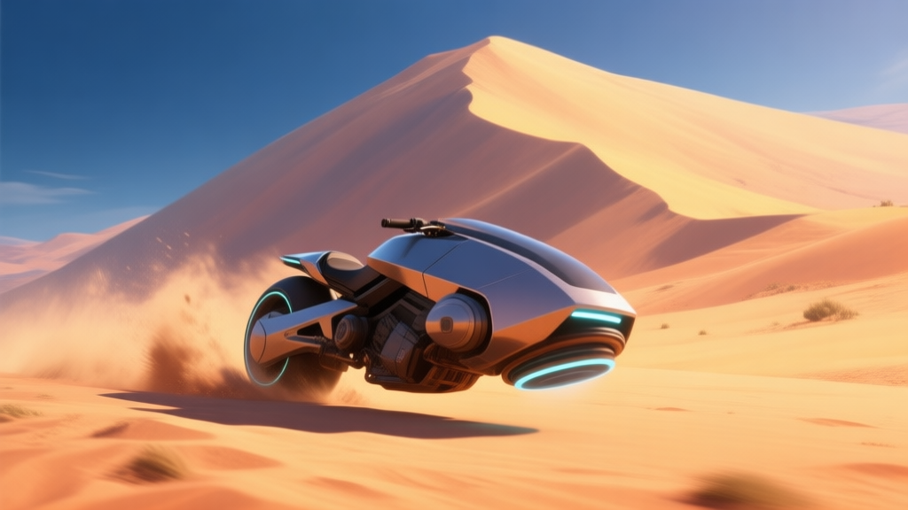 A dynamic, low-angle shot of a sleek hoverbike kicking up sand in a vast desert, with a towering dune in the background. The color palette is warm, with soft oranges, yellows, and deep blue shadows, rendered in a semi-realistic video game art style. high quality illustration, detailed, 16:9