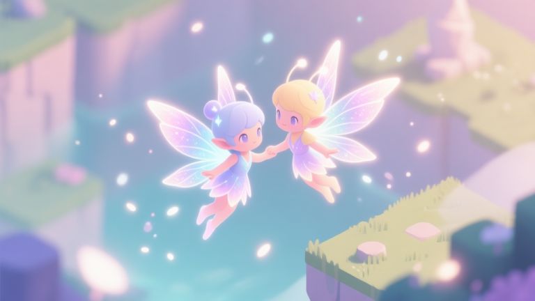 自动生成图片: A magical, ethereal scene in a soft-fantasy game world, showing two glowing pixie characters with shimmering wings floating together, surrounded by gentle light particles and a soft pastel color palette, isometric view high quality illustration, detailed, 16:9