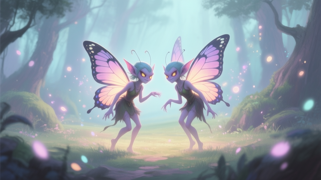 A pair of glowing, mischievous twin sprites with butterfly wings in a mystical forest clearing, soft pastel color palette, magical particles floating around them, digital painting style high quality illustration, detailed, 16:9