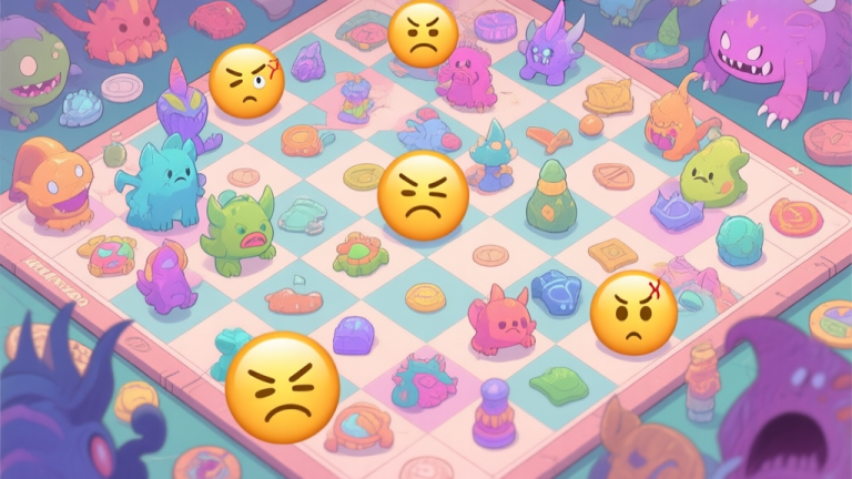 自动生成图片: A cluttered game board from a top-down perspective, filled with various colorful fantasy creatures and items, some highlighted with a frustrated emoji face, soft pastel color palette high quality illustration, detailed, 16:9
