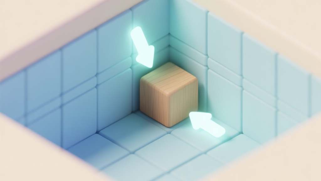 A minimalist isometric game scene showing a simple wooden block stuck in a corner of a puzzle grid, with soft glowing arrows pointing at it, in a calm pastel color palette with light blues and beiges high quality illustration, detailed, 16:9