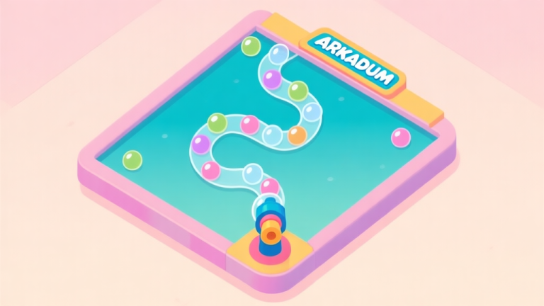 自动生成图片: A top-down view of a colorful Arkadium Bubble Shooter game board in mid-play, with a clear winding path of bubbles and the shooter at the bottom, soft pastel color palette, clean and illustrative style high quality illustration, detailed, 16:9