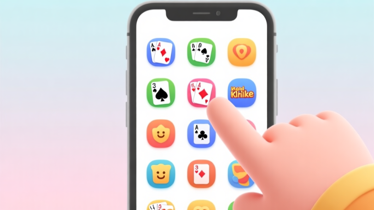 自动生成图片: A clean, minimalist smartphone screen showing a colorful grid of 13 different solitaire game icons, with a friendly hand pointing at the Klondike icon, soft pastel background high quality illustration, detailed, 16:9