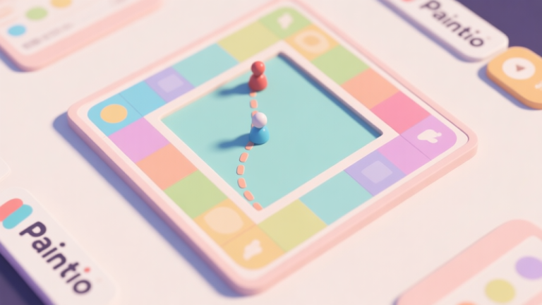 自动生成图片: A top-down view of a colorful Paintio game board in progress, showing a small player trail starting to enclose an area, with soft pastel colors and a clean, minimalist interface high quality illustration, detailed, 16:9