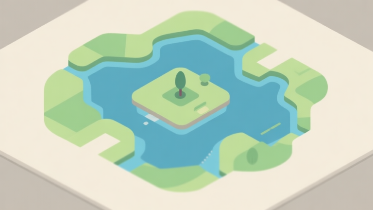 自动生成图片: A top-down minimalist view of a Paintio game map, showing a small, safe territory expanding into a larger, complex shape, with soft green and blue colors against a neutral background, flat design style high quality illustration, detailed, 16:9