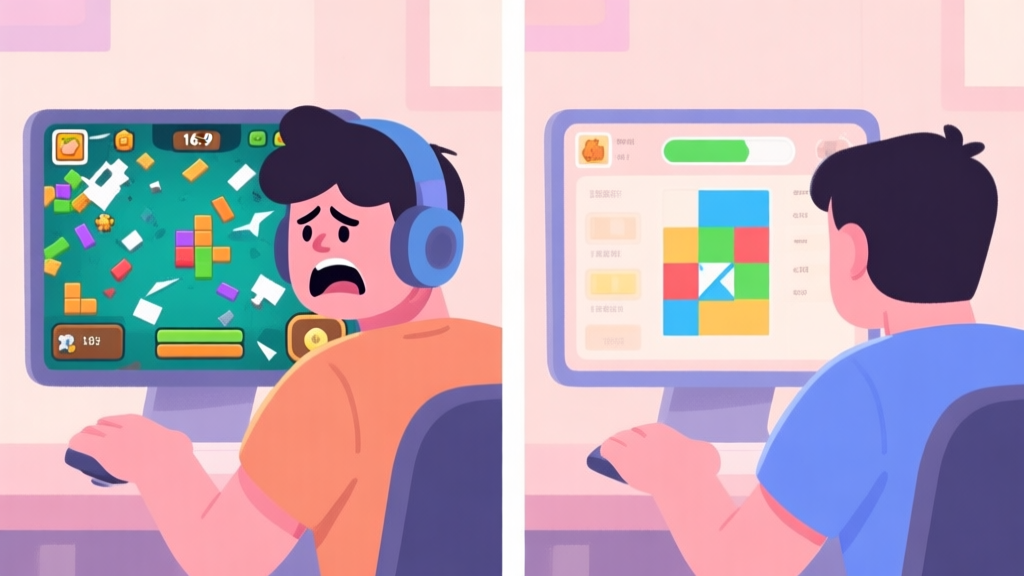 A split-screen illustration showing a frustrated player on the left with a messy game screen, and a calm, focused player on the right with a neatly organized screen and highlighted differences, in a soft pastel color palette typical of casual puzzle games high quality illustration, detailed, 16:9