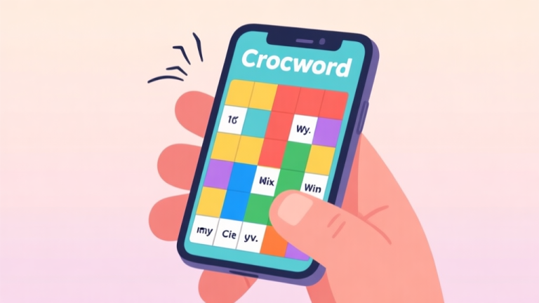 自动生成图片: A frustrated hand holding a smartphone showing a colorful Crocword puzzle grid with a few missing words, soft pastel background, clean and relatable illustration style high quality illustration, detailed, 16:9