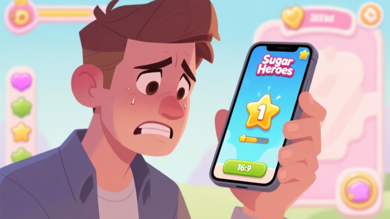 自动生成图片: A frustrated player looking at a smartphone screen showing a Sugar Heroes level with only 1 star, soft pastel game elements in the background, muted colors high quality illustration, detailed, 16:9