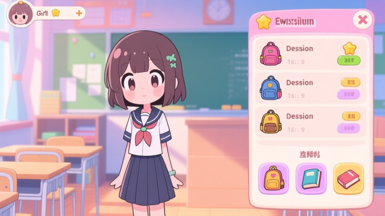自动生成图片: Cute anime-style game interface showing a Dotted Girl character in a school uniform, standing in a vibrant classroom setting. On the side, there are event mission lists and reward icons like a backpack and books, soft pastel color scheme high quality illustration, detailed, 16:9